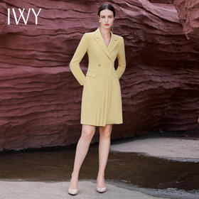 IWY/简约黄色百褶裙西装连衣裙修身收腰秋季新款通勤A字裙Q13329