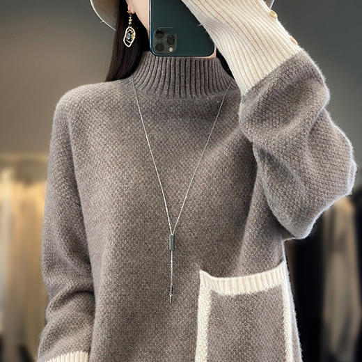 QHJY-JY659女装慵懒风半高领100羊毛衫 秋冬保暖宽松针织毛衣绒毛打底衫外套 商品图3