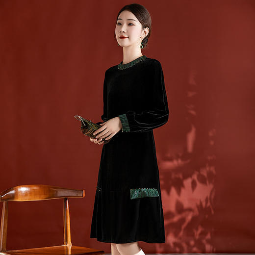 丝绒真丝连衣裙女2023秋季新款中式轻奢香云纱拼接桑蚕丝复古长裙QS-82395600 商品图3