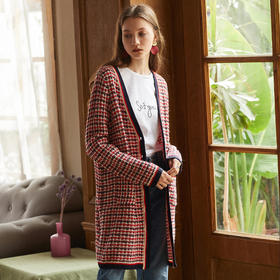 欧芮儿2019秋女宽松复古格纹长袖原宿风毛衣针织外套中长款
