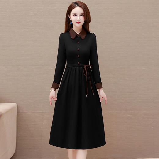 娃娃领拼接长袖连衣裙时尚气质女装系带高腰中长款秋款连衣裙QYM-YX-JP2337-Y 商品图5