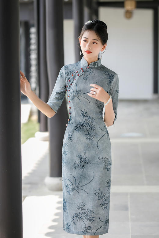 ZAYS-1002秋季女装改良竹节麻复合旗袍日常复古立领气质旗袍裙 商品图5