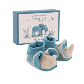 法国 Moulin Roty 我的猴面包树下系列系列小象贝加莫特步前鞋适合0-6 个月婴儿，方形礼盒装-669011