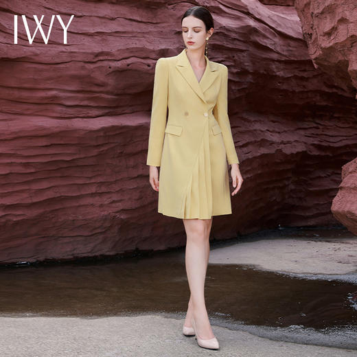 IWY/简约黄色百褶裙西装连衣裙修身收腰秋季新款通勤A字裙Q13329 商品图4