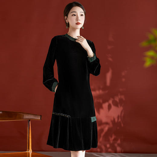 丝绒真丝连衣裙女2023秋季新款中式轻奢香云纱拼接桑蚕丝复古长裙QS-82395600 商品图0