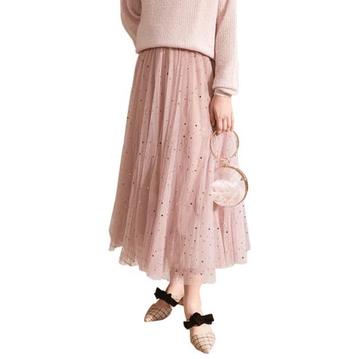 欧芮儿2019新款秋装显瘦粉色半身裙女不规则甜美星星网纱裙长裙 商品图3