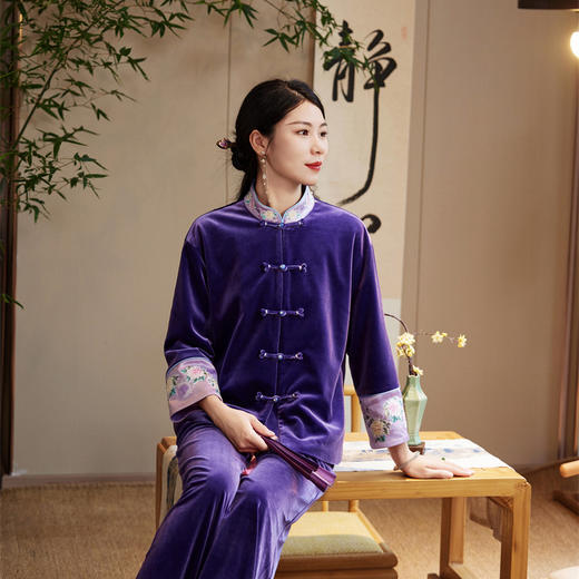 FLZD新中式唐装丝绒拼接外套女装开衫上衣盘扣刺绣气质感国风女 商品图3