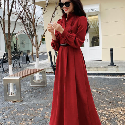 【百图lulu定制】【贵族连衣裙】【赠腰带】宫廷复古风 花边立领 灯芯绒 百褶裙摆 连衣裙 商品图1