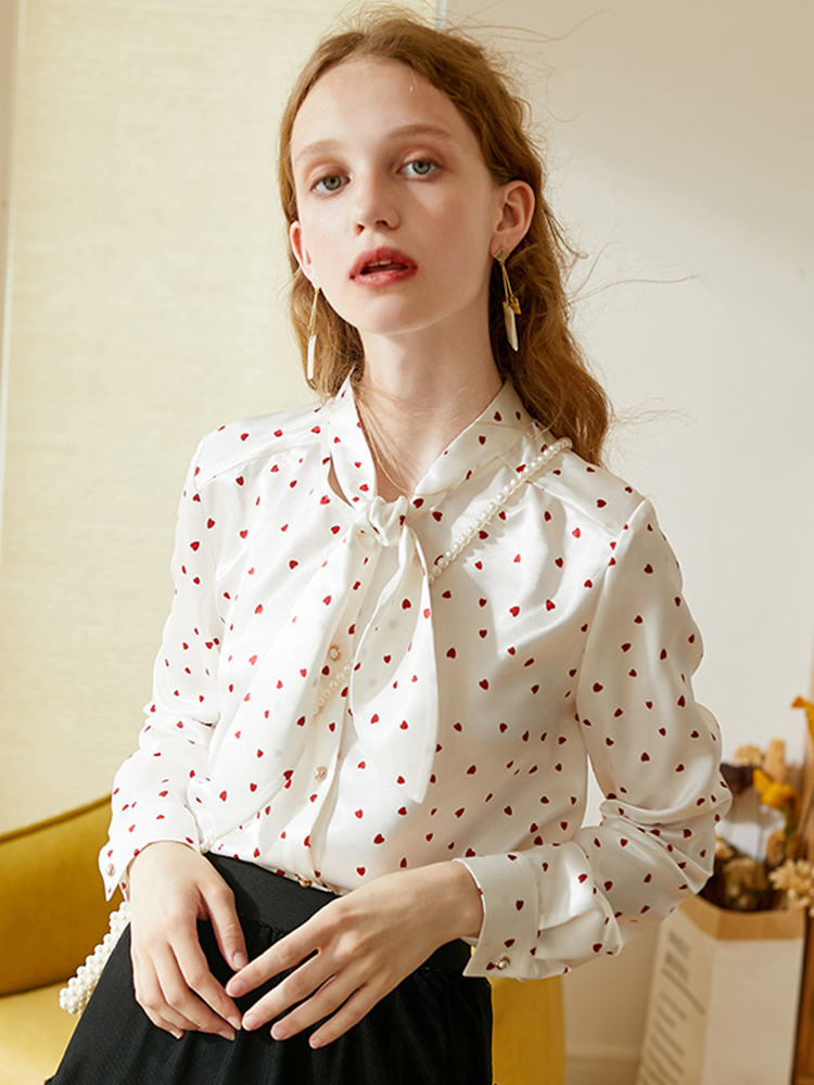 长袖衬衫女2022秋季新款印花法式缎面衬衣设计感小众波点上衣轻熟