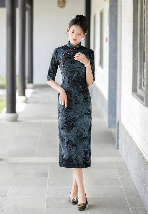 ZAYS-1002秋季女装改良竹节麻复合旗袍日常复古立领气质旗袍裙 商品图0