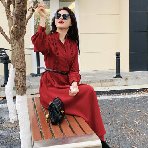 【百图lulu定制】【贵族连衣裙】【赠腰带】宫廷复古风 花边立领 灯芯绒 百褶裙摆 连衣裙 商品图2