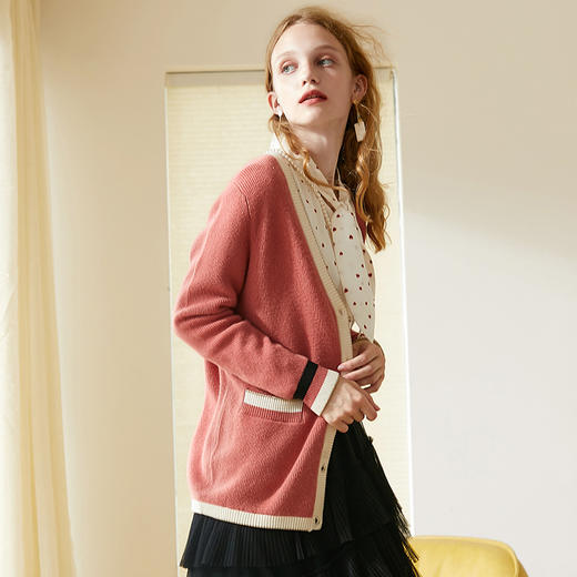 欧芮儿2019秋装新款宽松显瘦V领开衫针织衫女学院风撞色百搭毛衣 商品图1