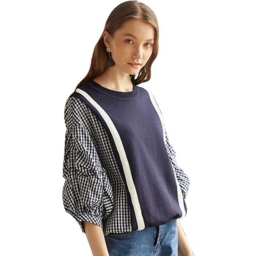 欧芮儿2018秋装新款女装预售宽松显瘦灯笼袖拼接毛针织衫女上衣 商品图3