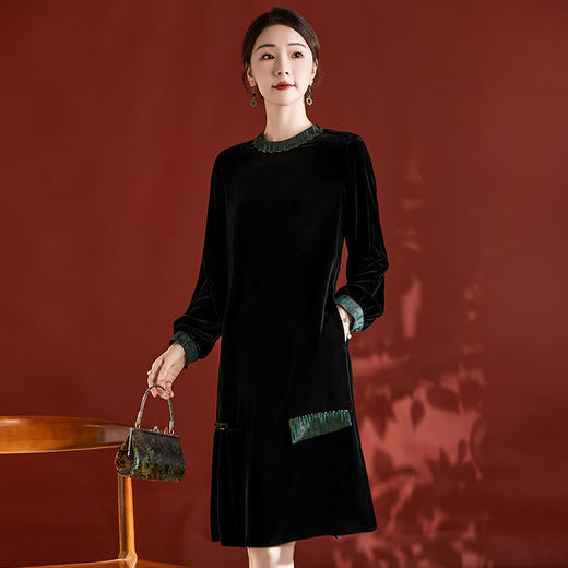 丝绒真丝连衣裙女2023秋季新款中式轻奢香云纱拼接桑蚕丝复古长裙QS-82395600 商品图2