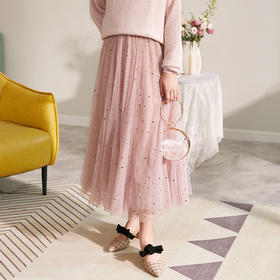 欧芮儿2019新款秋装显瘦粉色半身裙女不规则甜美星星网纱裙长裙