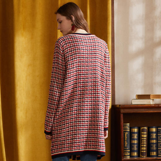 欧芮儿2019秋女宽松复古格纹长袖原宿风毛衣针织外套中长款 商品图1