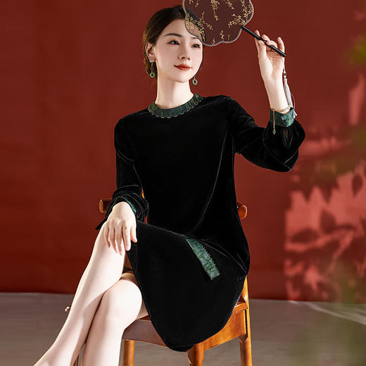 丝绒真丝连衣裙女2023秋季新款中式轻奢香云纱拼接桑蚕丝复古长裙QS-82395600 商品图1