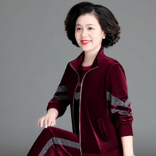 中年人妈妈秋装，外套洋气中老年女装金丝绒休闲运动服三件套装春秋ZB-XH213088 商品图3