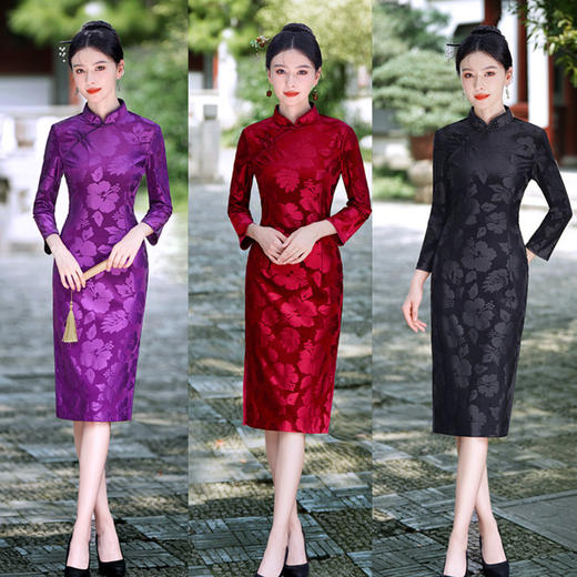 丝绒提花中长七分袖旗袍2023秋新款复古国风喜妈妈旗袍GX 商品图0