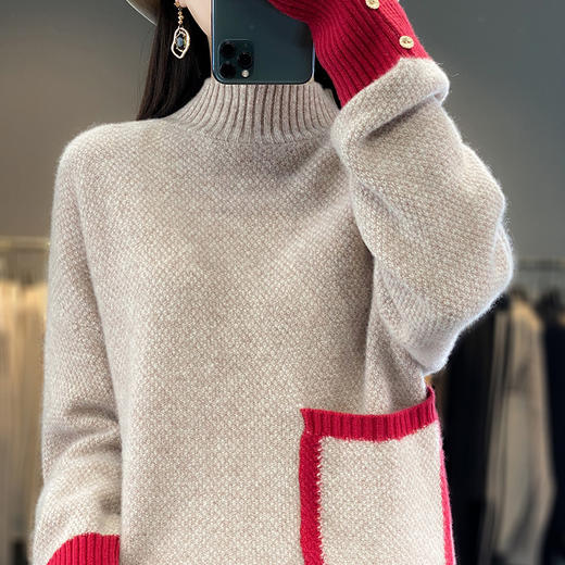 QHJY-JY659女装慵懒风半高领100羊毛衫 秋冬保暖宽松针织毛衣绒毛打底衫外套 商品图1