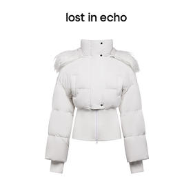 [捡漏价]lost in echo设计师品牌长毛翻领拉链帽罗纹收腰短款修身羽绒服女