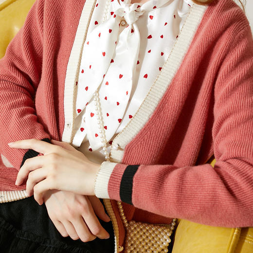 欧芮儿2019秋装新款宽松显瘦V领开衫针织衫女学院风撞色百搭毛衣 商品图2