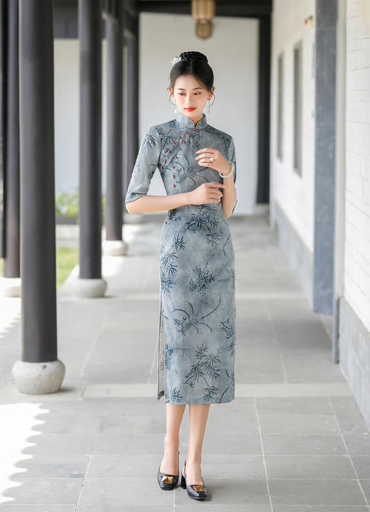 ZAYS-1002秋季女装改良竹节麻复合旗袍日常复古立领气质旗袍裙 商品图1