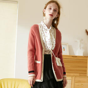 欧芮儿2019秋装新款宽松显瘦V领开衫针织衫女学院风撞色百搭毛衣