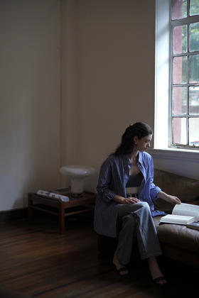 my dark blue striped shirt