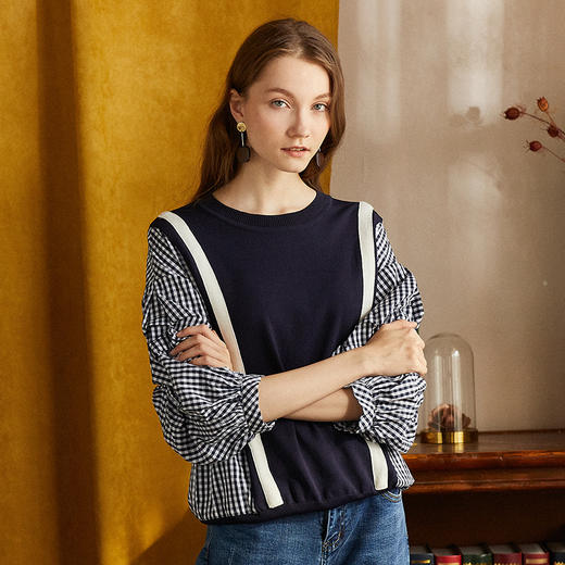 欧芮儿2018秋装新款女装预售宽松显瘦灯笼袖拼接毛针织衫女上衣 商品图0