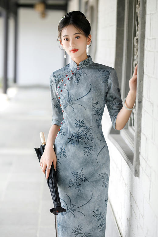 ZAYS-1002秋季女装改良竹节麻复合旗袍日常复古立领气质旗袍裙 商品图3
