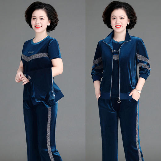 中年人妈妈秋装，外套洋气中老年女装金丝绒休闲运动服三件套装春秋ZB-XH213088 商品图0