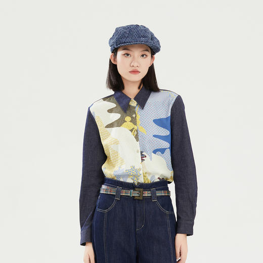 谜底牛仔衬衫长袖女2023冬款复古时尚修身百搭拼接衬衣239MC8022 商品图0