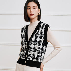 玳莎芝麻点提花针织开襟背心马甲女2023冬季新款叠穿宽松V领羊毛衫   DD33002/DD33306