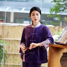 FLZD新中式唐装丝绒拼接外套女装开衫上衣盘扣刺绣气质感国风女