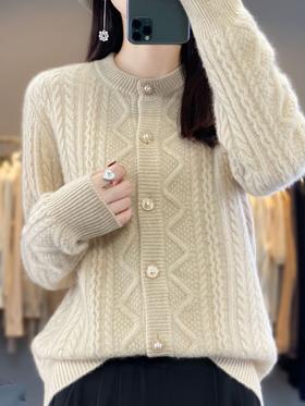 QHJY-JY632加厚圆领开衫100羊毛针织毛衣外套复古绞花保暖上衣