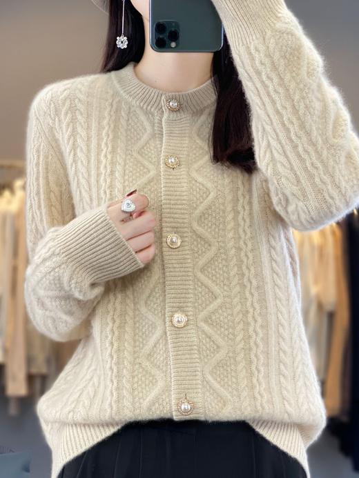 QHJY-JY632加厚圆领开衫100羊毛针织毛衣外套复古绞花保暖上衣 商品图0