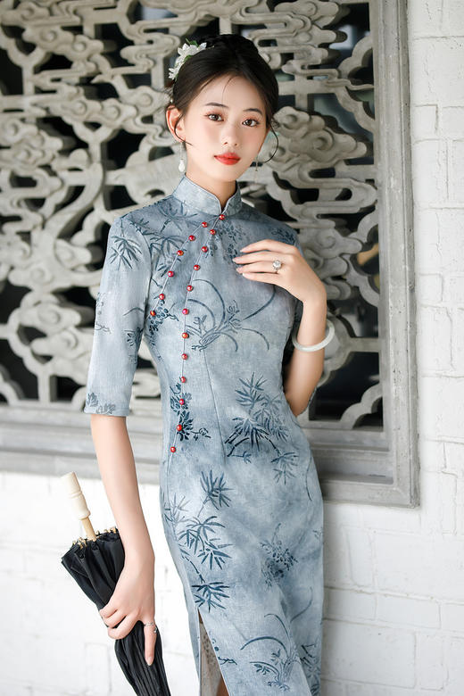 ZAYS-1002秋季女装改良竹节麻复合旗袍日常复古立领气质旗袍裙 商品图2