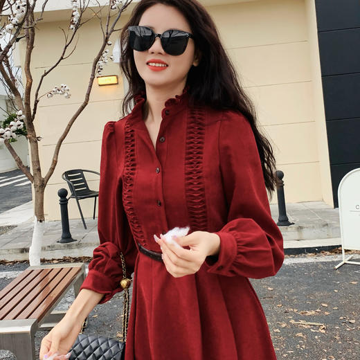 【百图lulu定制】【贵族连衣裙】【赠腰带】宫廷复古风 花边立领 灯芯绒 百褶裙摆 连衣裙 商品图0