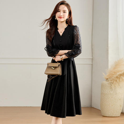 QYM DS0426-Y波点拼结连衣裙休闲收腰中长款A字裙 商品图1