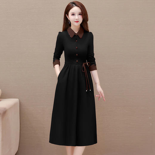 娃娃领拼接长袖连衣裙时尚气质女装系带高腰中长款秋款连衣裙QYM-YX-JP2337-Y 商品图1