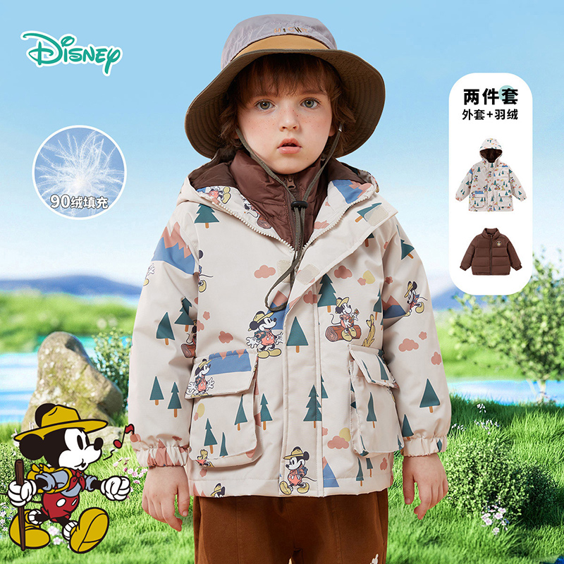 迪士尼童装秋冬新款男童保暖羽绒服宝宝防风米奇印花冲锋衣两件套234S1836
