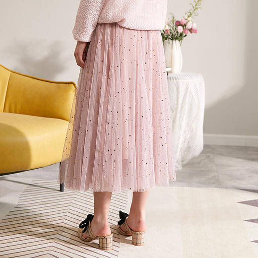 欧芮儿2019新款秋装显瘦粉色半身裙女不规则甜美星星网纱裙长裙 商品图1