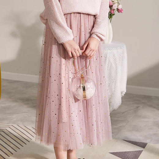 欧芮儿2019新款秋装显瘦粉色半身裙女不规则甜美星星网纱裙长裙 商品图2
