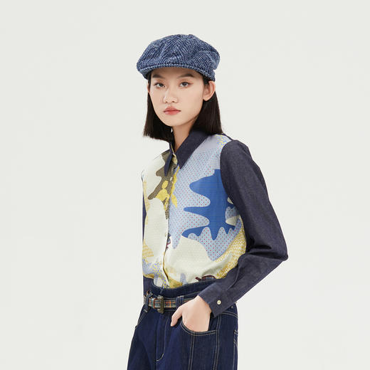 谜底牛仔衬衫长袖女2023冬款复古时尚修身百搭拼接衬衣239MC8022 商品图1