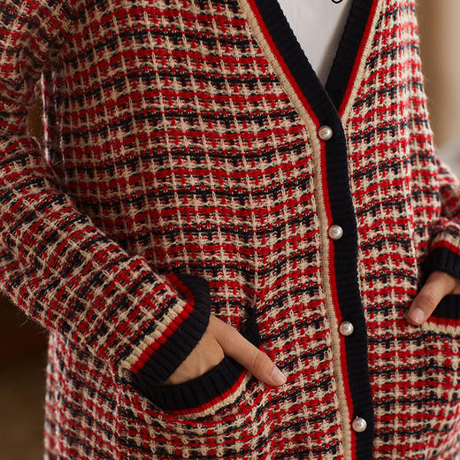 欧芮儿2019秋女宽松复古格纹长袖原宿风毛衣针织外套中长款 商品图2