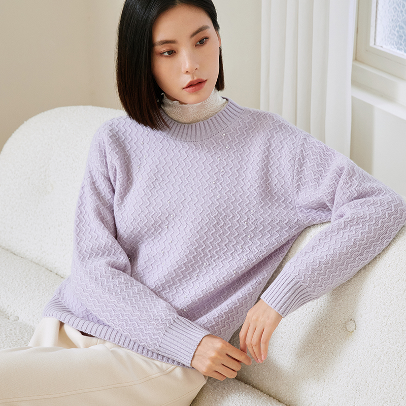 玳莎钉珠套头毛衫女冬季新款宽松优雅设计感100%绵羊毛上衣   DD33312