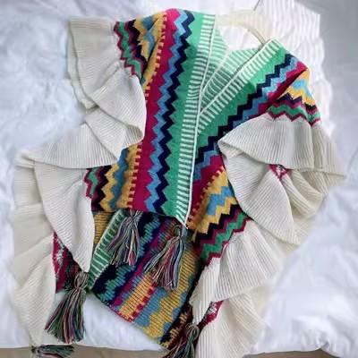 A669 2023新款民族风披肩女木耳边时尚穿搭针织斗篷波西米亚旅游外搭潮 商品图2