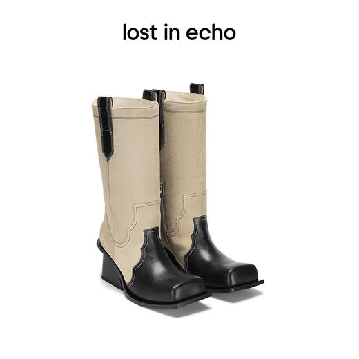 lost in echo设计师品牌显瘦增高翘方头宽筒粗跟拼色牛仔中筒靴女 商品图0
