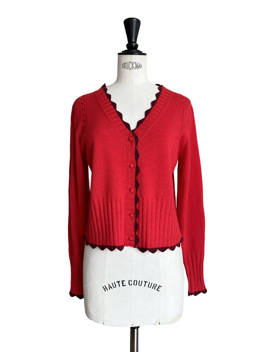 TYNVIE 波浪纹饰边撞色羊绒开衫-红色 商品图3